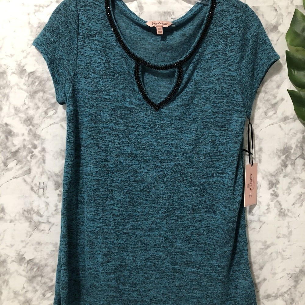 Juicy Couture Short Sleeve Blouse Womens Size XS Stretch Top Rhinestone Details